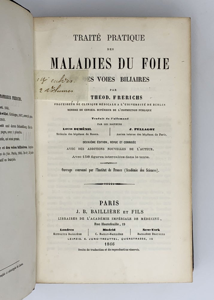Item #401910 Traité pratique des maladies du foie et des voies biliaires. Friedrich Theodor von FRERICH.