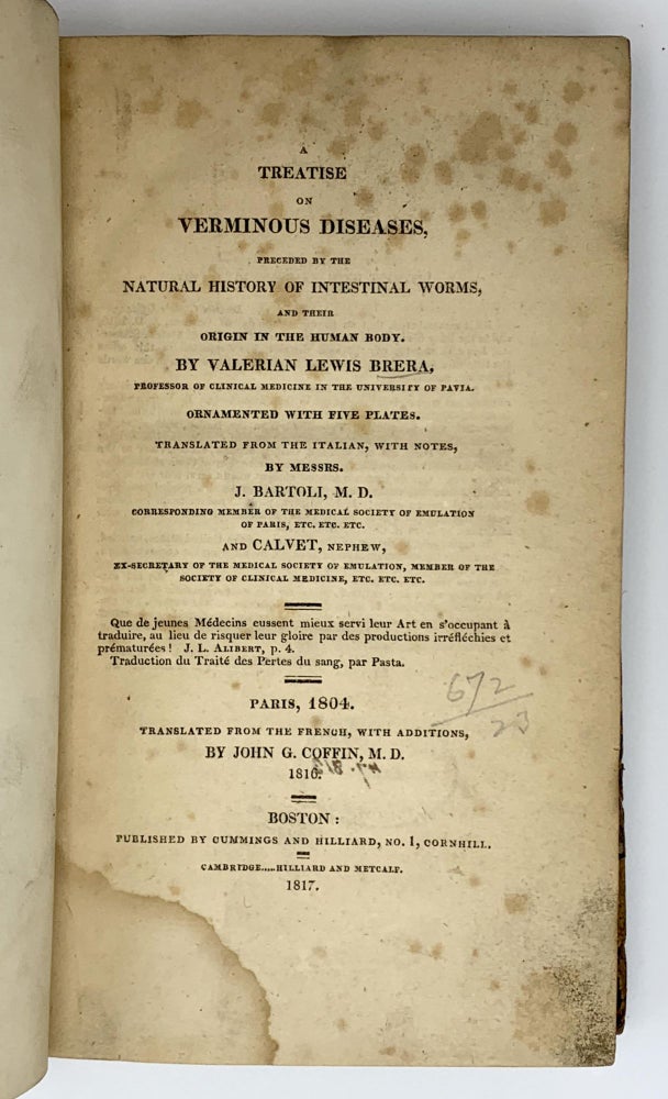 Item #402126 A Treatise on Verminous Diseases.; Translated by J. Bartoli and Calvet. Valerian Lewis BRERA.
