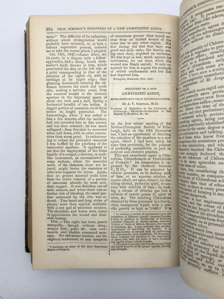 Item #402192 "Discovery of a new anaesthetic agent, more efficient than sulphuric ether".; In: The London Medical Gazette. New Series. Vol. V. Sir James Young SIMPSON.