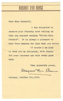 Item #402942 Typed letter signed ("Margaret Ayer Barnes"), Chicago, 5 October 1934. Margaret Ayer...