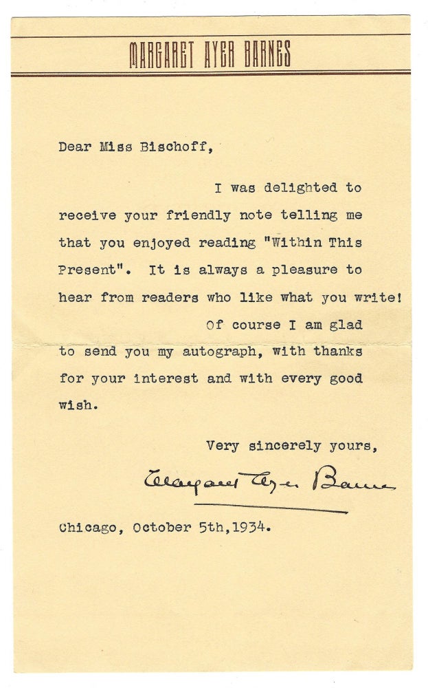 Item #402942 Typed letter signed ("Margaret Ayer Barnes"), Chicago, 5 October 1934. Margaret Ayer BARNES.