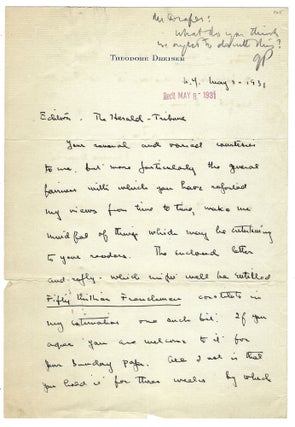 Item #404251 Autograph letter signed ("Theodore Dreiser") to Geoffrey Parsons of the New York...