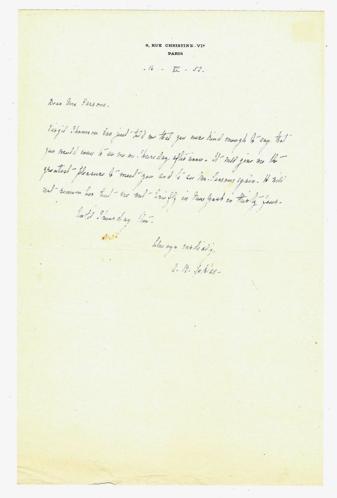 Item #404255 Autograph letter signed ("A. B. Toklas") to Geoffrey Parsons of The New York Herald Tribune, Paris, 16 June 1952. Alice B. TOKLAS.