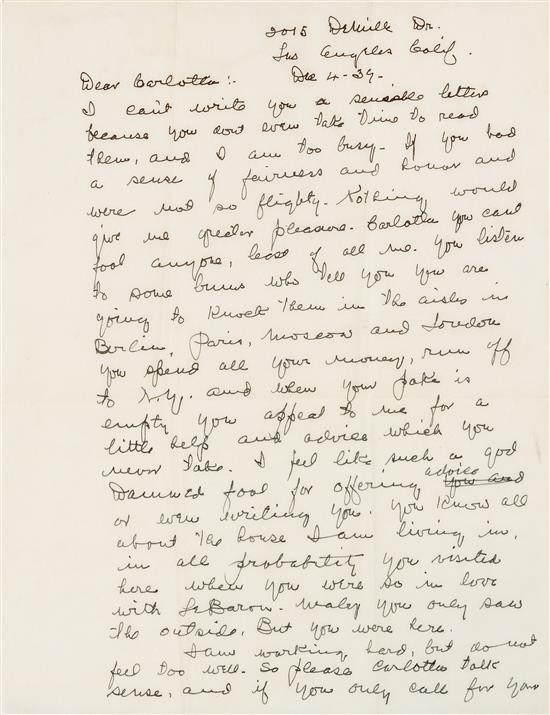 Item #404640 Autograph letter signed ("Grumpy Old Fields"), to his estranged mistress, Carlotta Monti (Douglas). Los Angeles, 4 December 1939. W. C. FIELDS.
