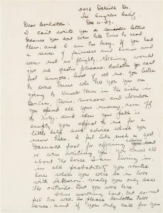 Autograph letter signed ("Grumpy Old Fields"), to his estranged mistress, Carlotta Monti (Douglas). Los Angeles, 4 December 1939