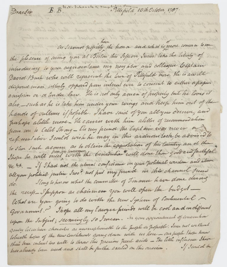 Item #404996 Autograph letter signed (“H V Schaak”) to Theophilus Parsons, Pittsfield, 10 October 1787. Henry van SCHAAK.