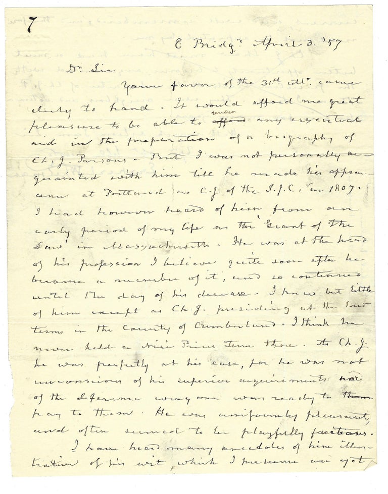 Item #405002 Autograph letter signed to Theophilus Parsons, Jr., East Bridgewater, 3 April 1857. Ezekiel WHITMAN.