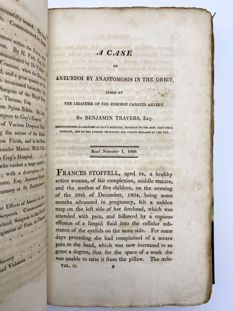 Item #405478 "A case of aneurism by anastomosis in the orbit, cured by the ligature of the common carotid artery." In: Medico-Chirurgical Transactions. Volume 2. Benjamin TRAVERS.