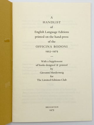 Item #406335 A Handlist of English Language Editions printed on the hand-press of the Officina...