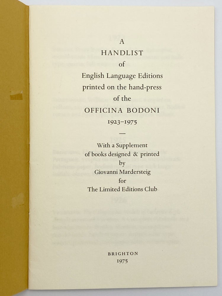Item #406335 A Handlist of English Language Editions printed on the hand-press of the Officina Bodoni 1923-1975. Tony APPLETON.