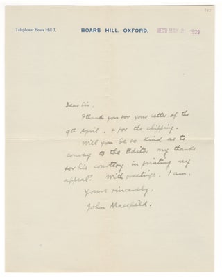 Item #406498 Autograph letter signed, 1929. John MASEFIELD
