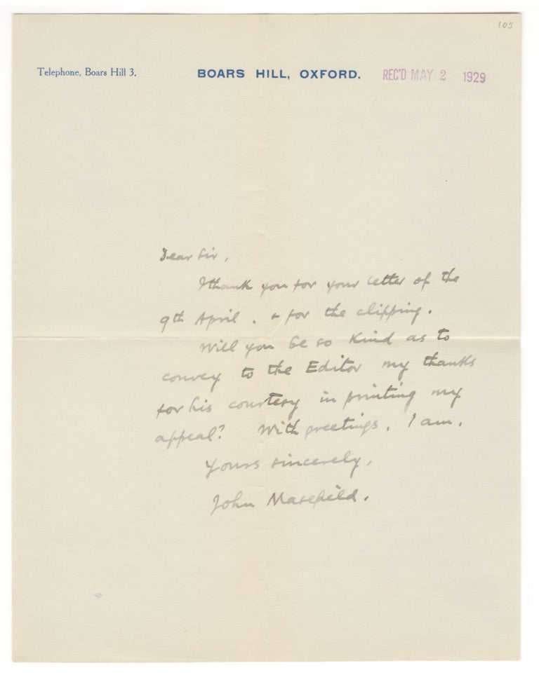 Item #406498 Autograph letter signed, 1929. John MASEFIELD.