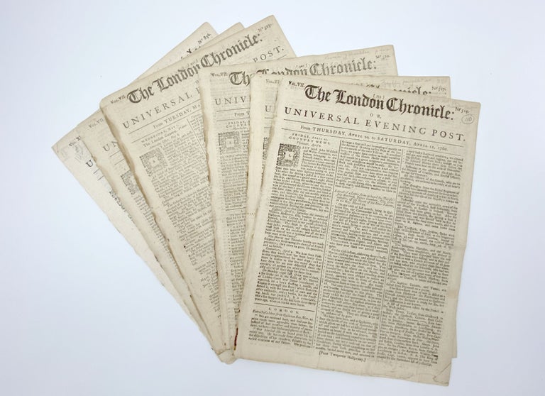 Item #406880 Fine collection of five complete issues of 'The London Chronicle' newspaper, each issue containing references to Franklin's famous pamphlet 'The Interest of Great Britain with Regard to Her Colonies...'. Benjamin FRANKLIN.