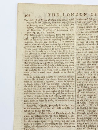 Fine collection of five complete issues of 'The London Chronicle' newspaper, each issue containing references to Franklin's famous pamphlet 'The Interest of Great Britain with Regard to Her Colonies...'