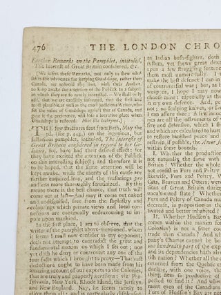 Fine collection of five complete issues of 'The London Chronicle' newspaper, each issue containing references to Franklin's famous pamphlet 'The Interest of Great Britain with Regard to Her Colonies...'