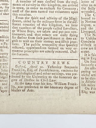 Fine collection of five complete issues of 'The London Chronicle' newspaper, each issue containing references to Franklin's famous pamphlet 'The Interest of Great Britain with Regard to Her Colonies...'