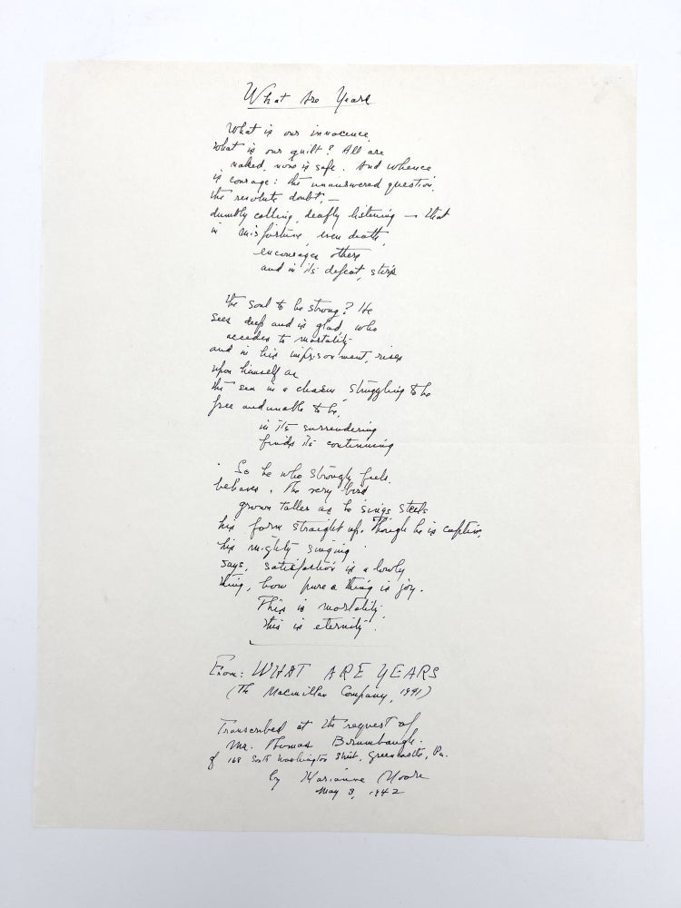 Item #408789 Autograph manuscript signed, "What are Years" Marianne MOORE.