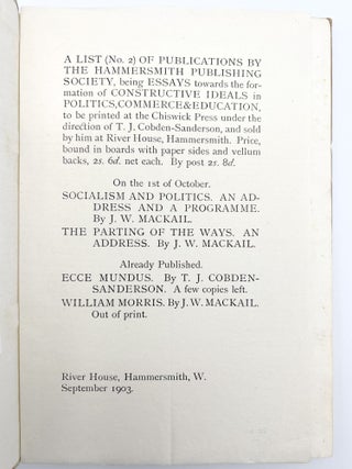 William Morris An Address Delivered the XIth November MDCCCC at Kelmscott House Hammersmith Before the Hammersmith Socialist Society