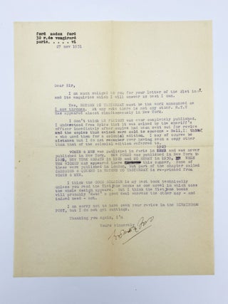 Item #409375 Typed letter signed ("Ford Madox Ford") to Percival Hinton, English journalist and...