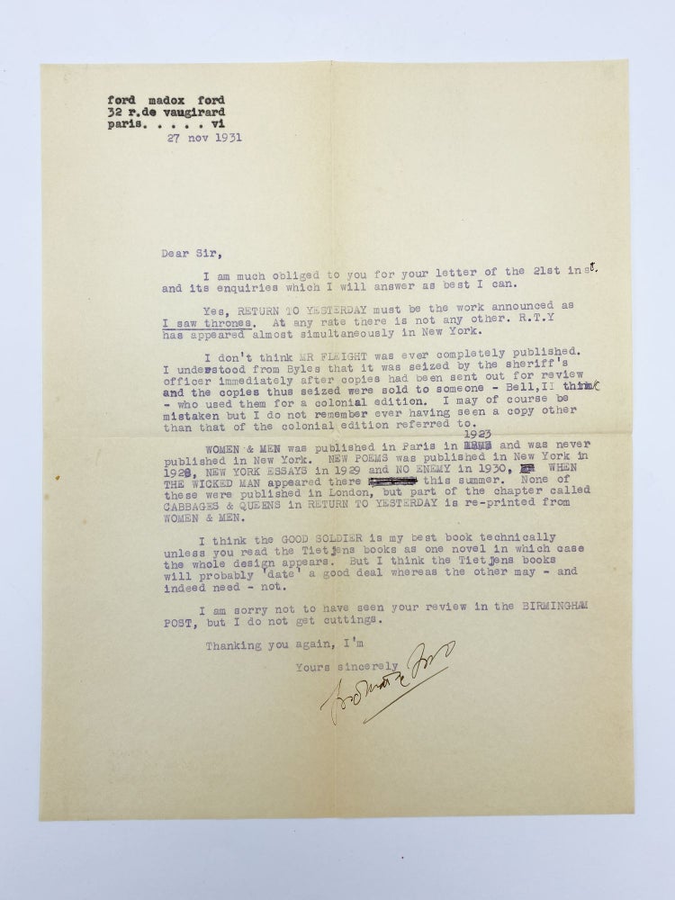 Item #409375 Typed letter signed ("Ford Madox Ford") to Percival Hinton, English journalist and bibliophile; Paris, November 27, 1931. Ford Madox FORD, formerly Ford Hermann Hueffer.
