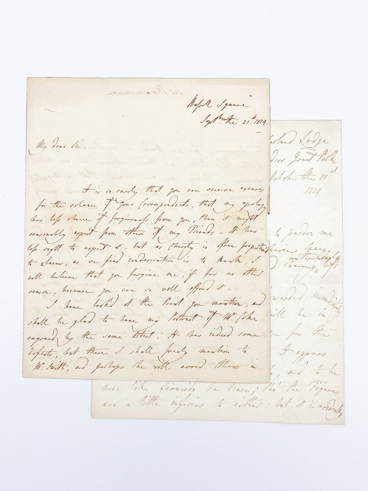 Item #409431 Two autograph letters signed ("Th. Lawrence") to William Roscoe in Liverpool; Russell Square and Cumberland Lodge, Windsor Great Park, 21 September 1824 and 21 October 1824. Sir Thomas LAWRENCE.