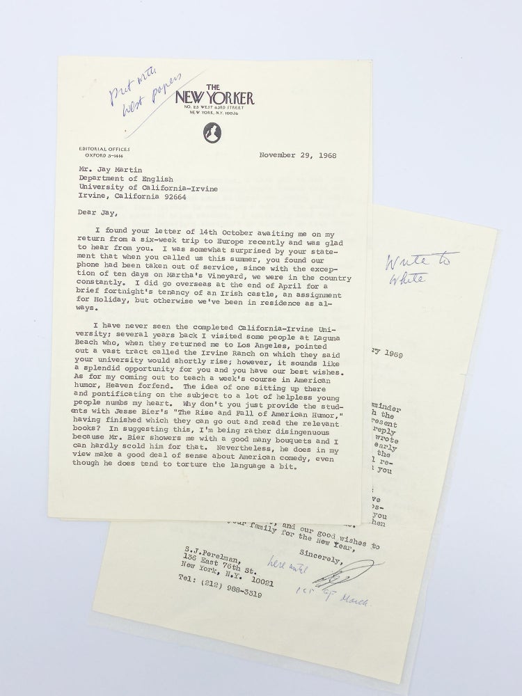 Item #409473 Three typed letters signed ("Sid") to Jay Martin, who was working on his biography of Nathanael West; New York and n.p., 29 November 1968, 6 January 1969, and 5 July 1974. PERELMAN, idney, oseph.