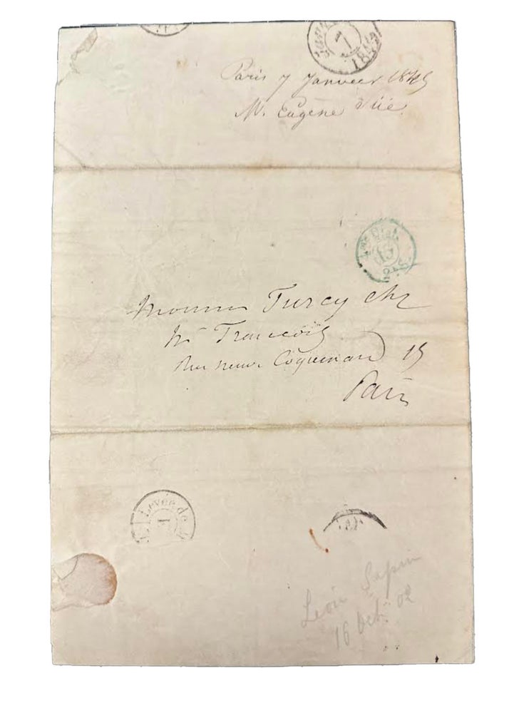 Item #409505 Autograph letter signed (in full), in French, to Charles Hygin de Furcy; [Paris, 7 January 1845]. Eugene SUE.