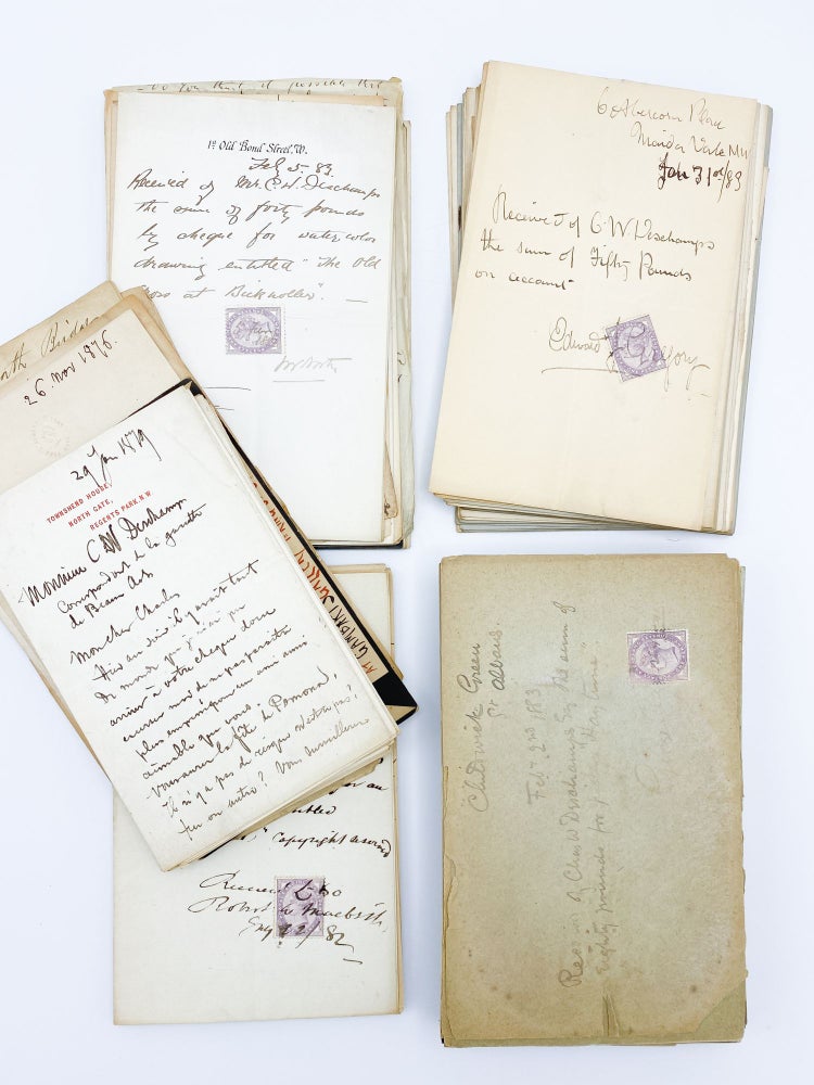 Item #409515 A file of correspondence by five artists: Sir Lawrence Alma-Tadema; Sir George Causen; Edward John Gregory; John William North; and William Stott (of Oldham); to the London picture dealer Charles Deschamps (about seven letters are to his assistant W. P. H. Groome or others), 1872-1888. VICTORIAN ARTISTS.