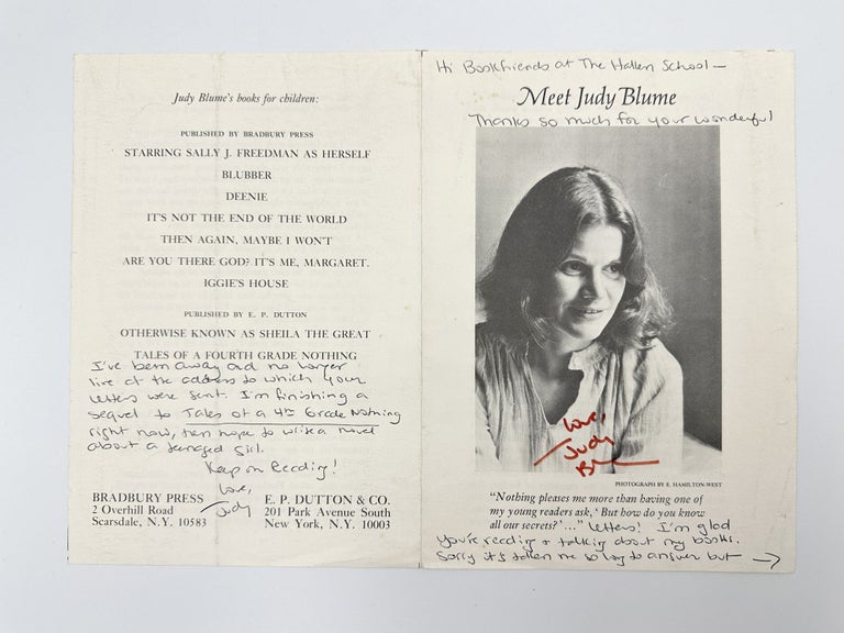 Item #409888 Autograph letter signed twice, to "Bookfriends at The Hallen School", circa 1977-78. Judy BLUME.